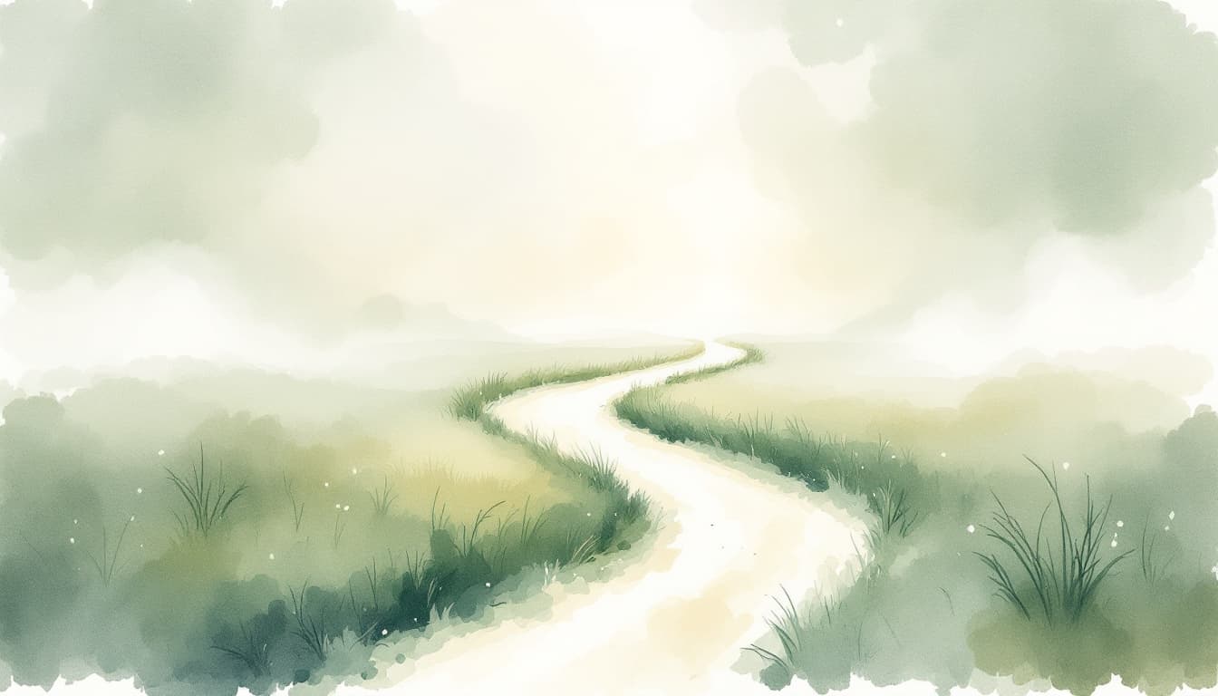 A pale winding path through soft green grass under a misty sky.