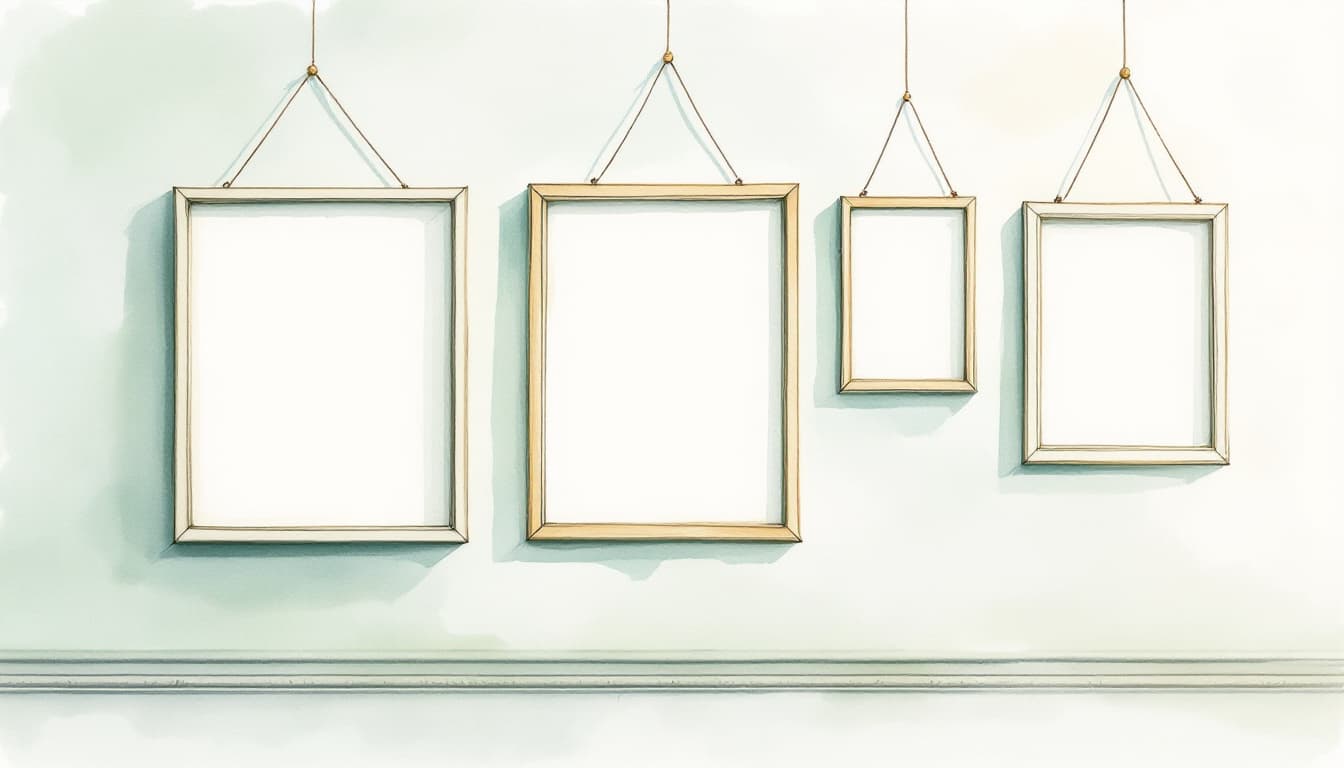Several empty picture frames arranged on a quiet cream and sage wall.