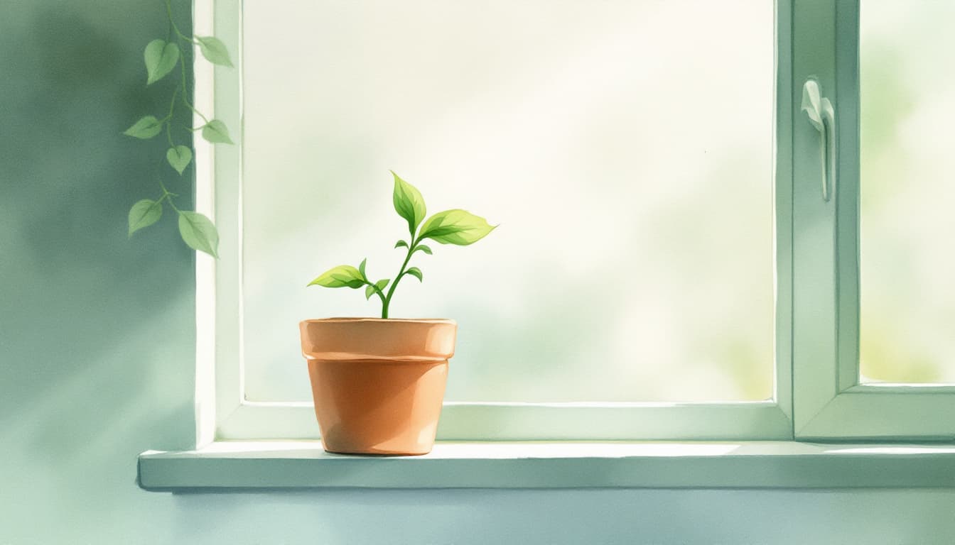 A small potted plant on a windowsill in soft daylight.