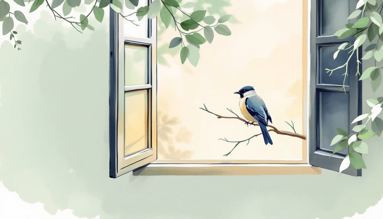 An open window with leafy branches and a small bird resting on a branch.