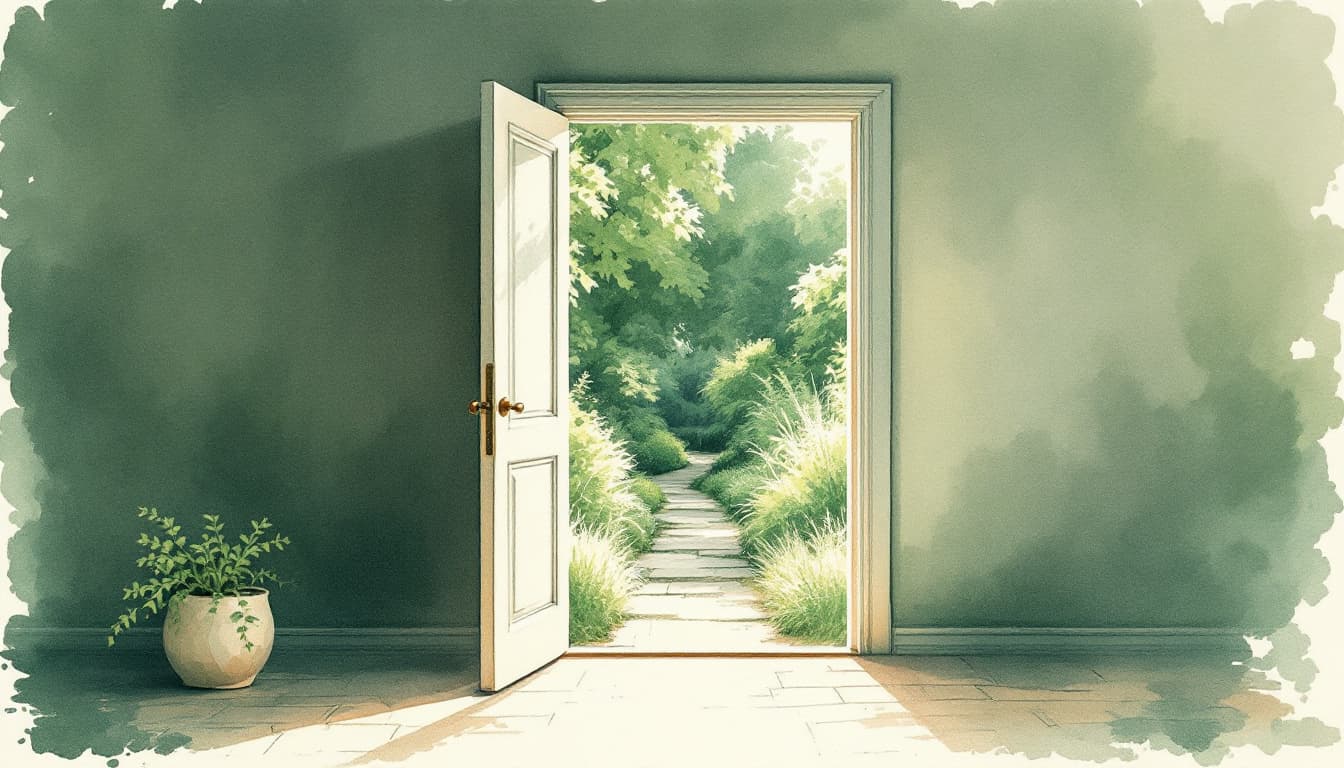 An open door leading from a quiet room to a bright garden path.