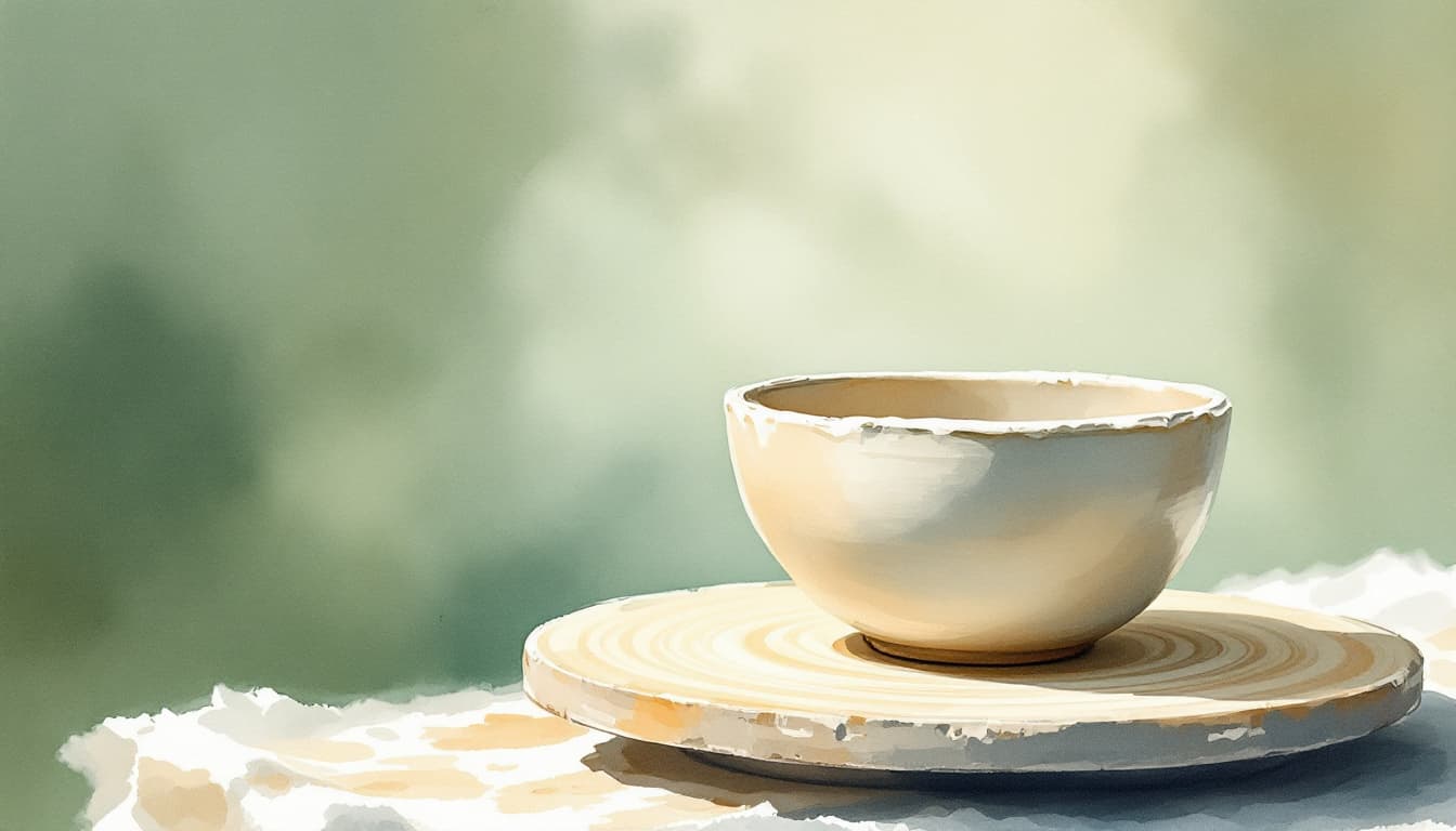 A handmade ceramic bowl on a round wooden board against a soft green background.